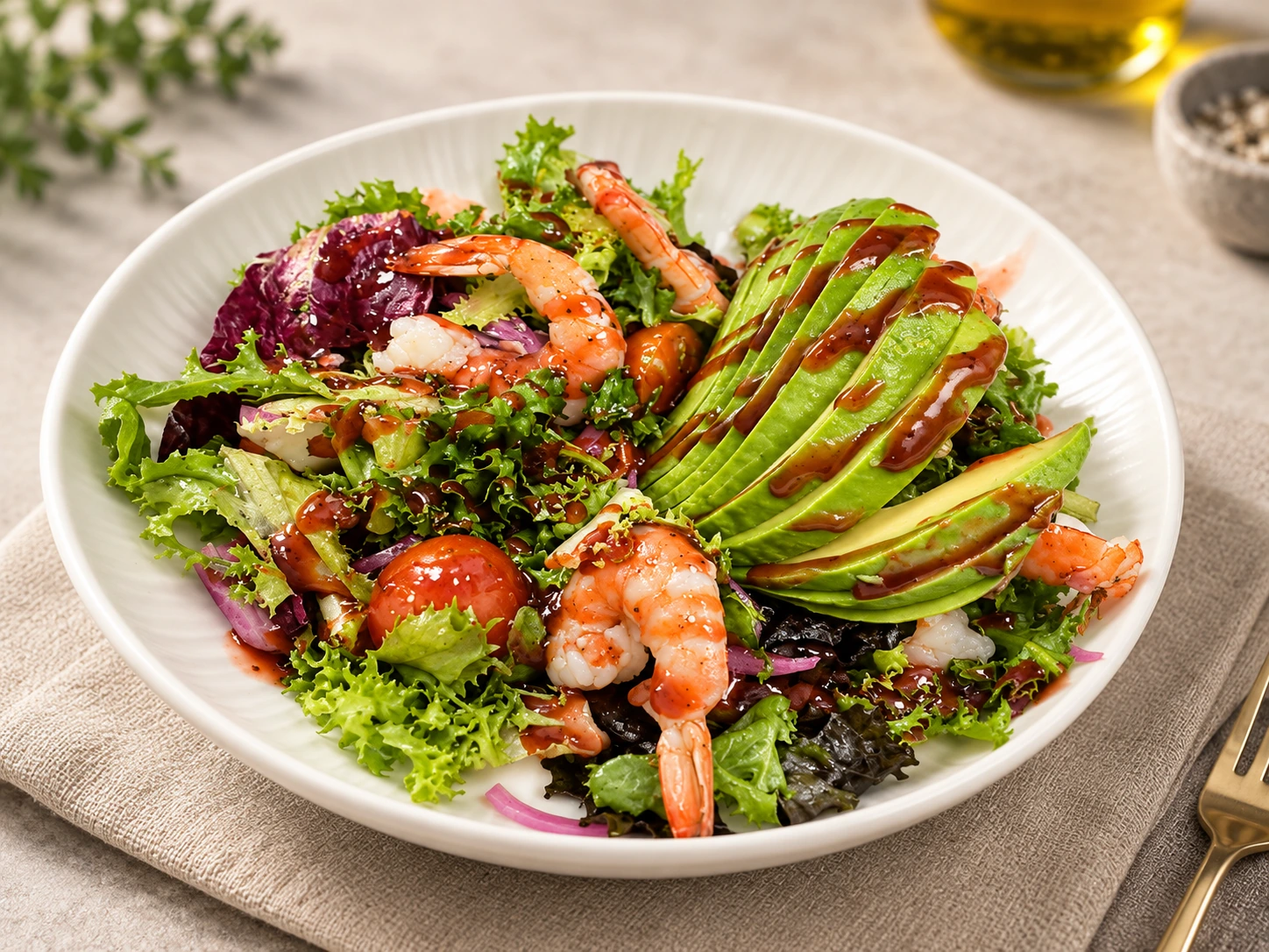 Ensalada de langostinos y aguacate con salsa dulce de fresas en Al Paso Steak House