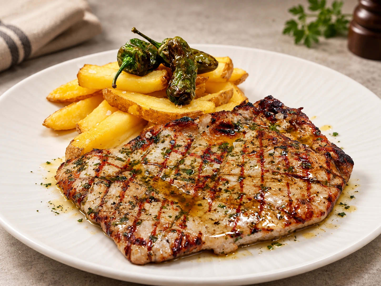 Secreto a la parrilla con patatas y pimientos en Al Paso Steak House Valdemoro